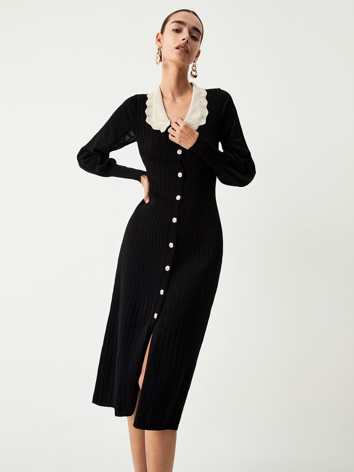 Contrast Ruffle Collar Button Front Long Sleeve Ribbed Knit Midi Dress