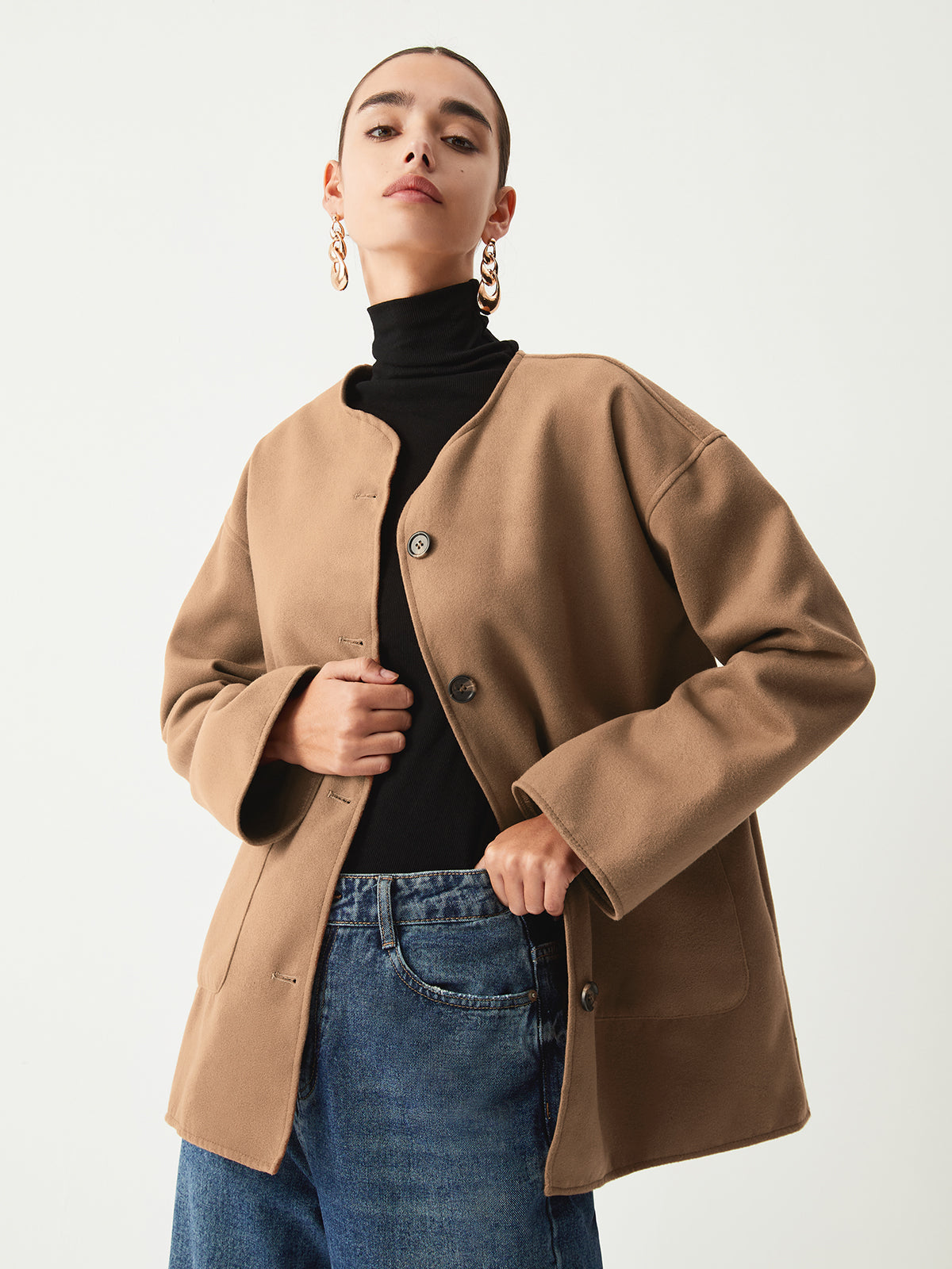 Button Front Patch Pocket Drop Shoulder Jacket with Scarf 2