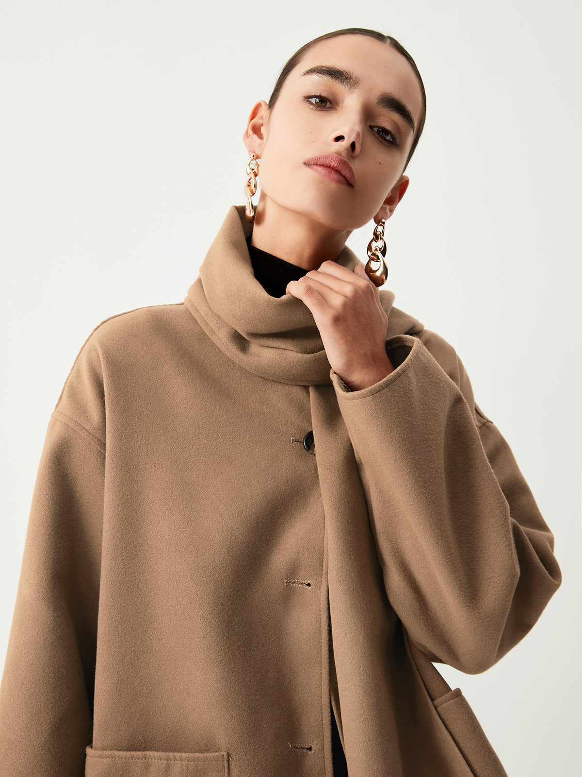 Button Front Patch Pocket Drop Shoulder Jacket with Scarf 3