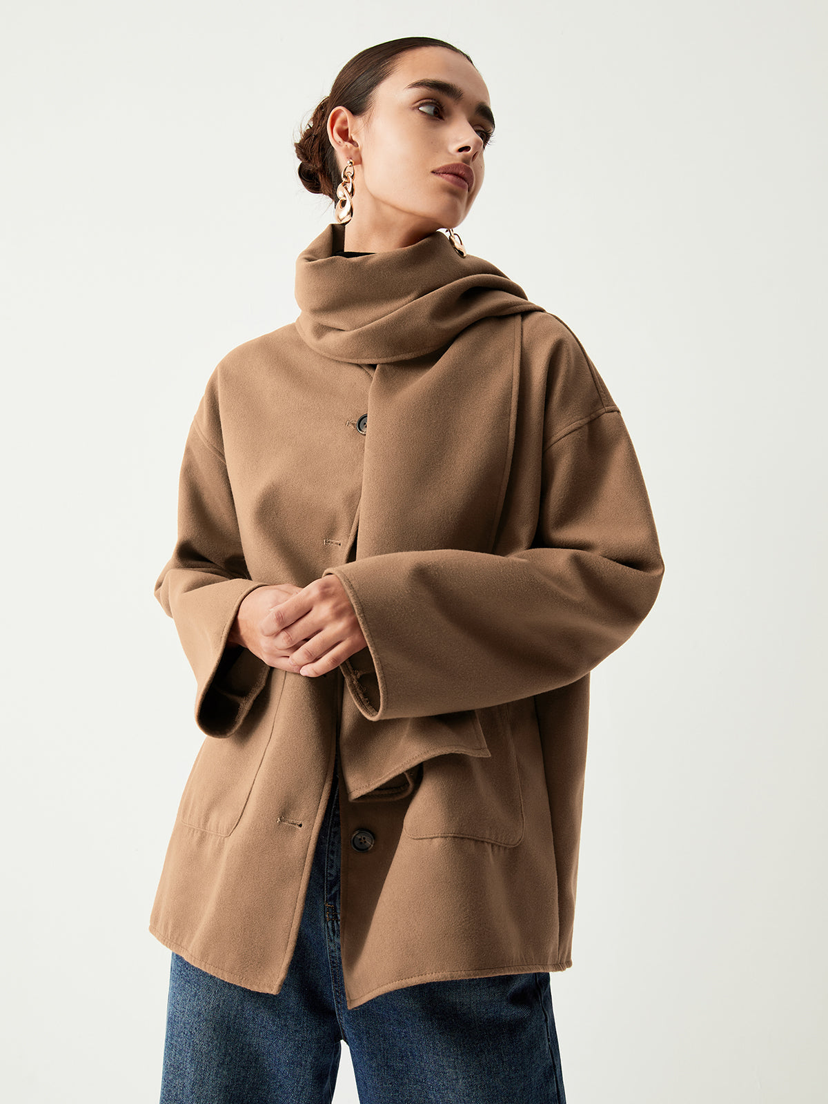 Button Front Patch Pocket Drop Shoulder Jacket with Scarf 4