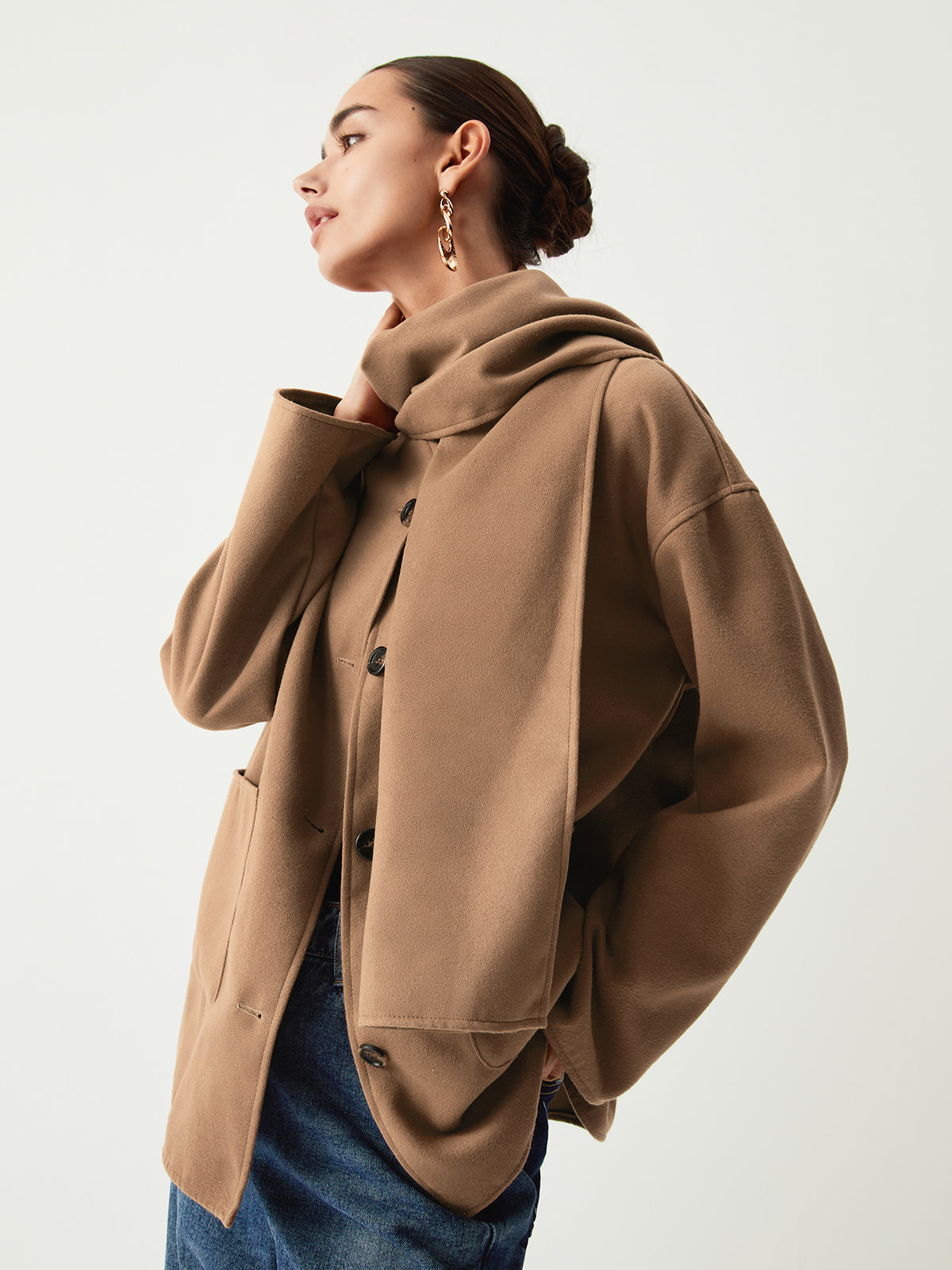 Button Front Patch Pocket Drop Shoulder Jacket with Scarf 5