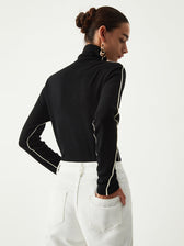 Contrast Piping Turtleneck Trendy Long Sleeve Top