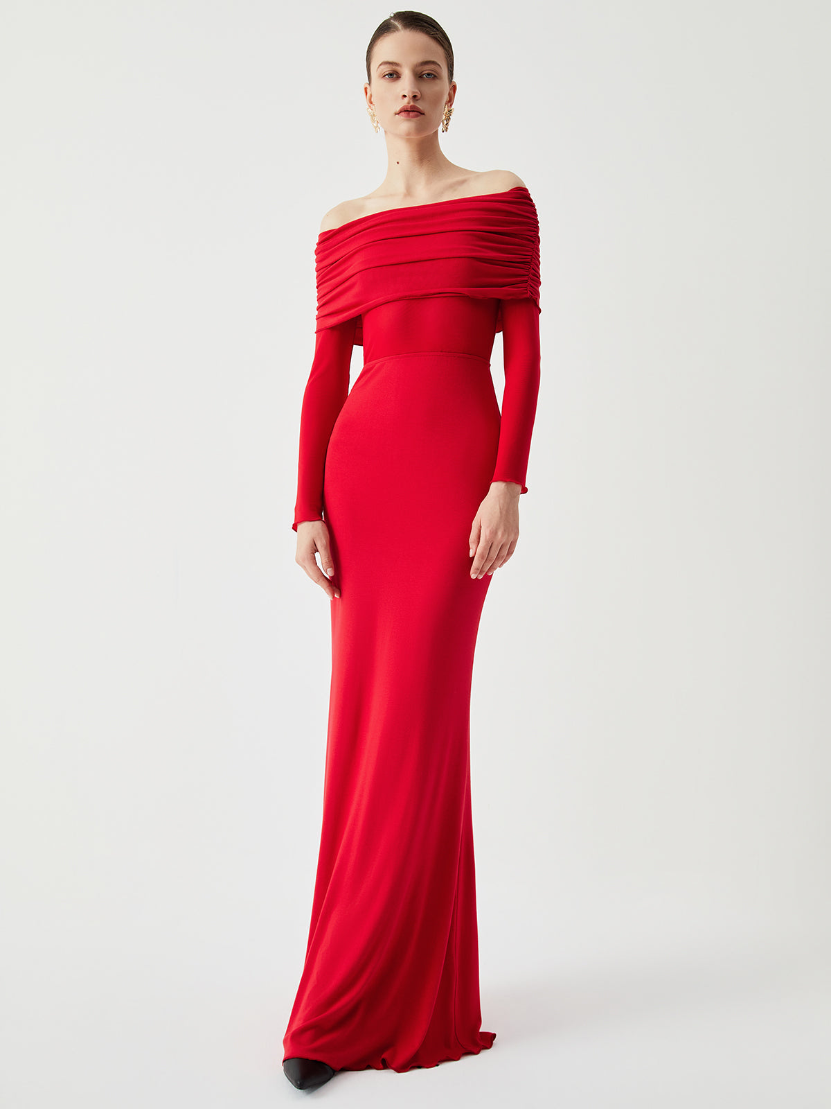 Overfold Off-Shoulder Mesh Long Sleeve Long Dress 4