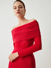 Overfold Off-Shoulder Mesh Long Sleeve Long Dress 6