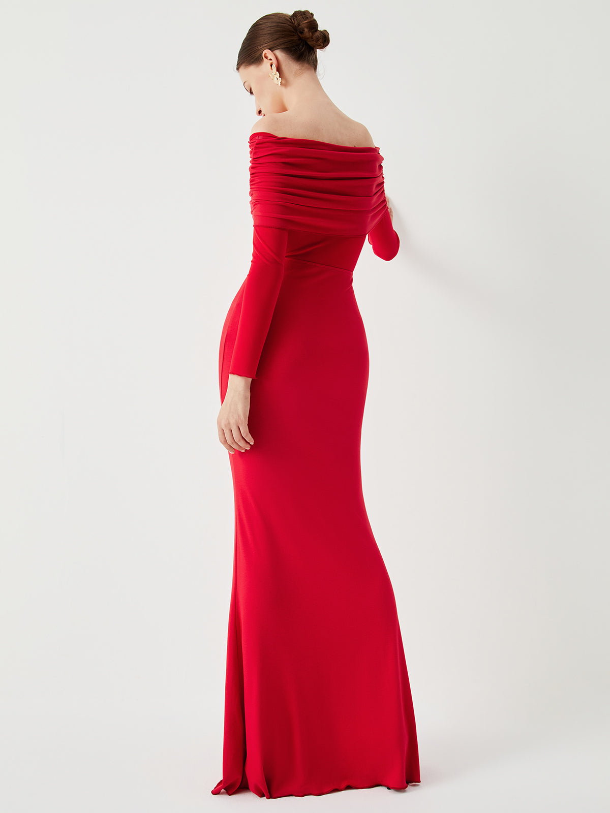 Overfold Off-Shoulder Mesh Long Sleeve Long Dress 9
