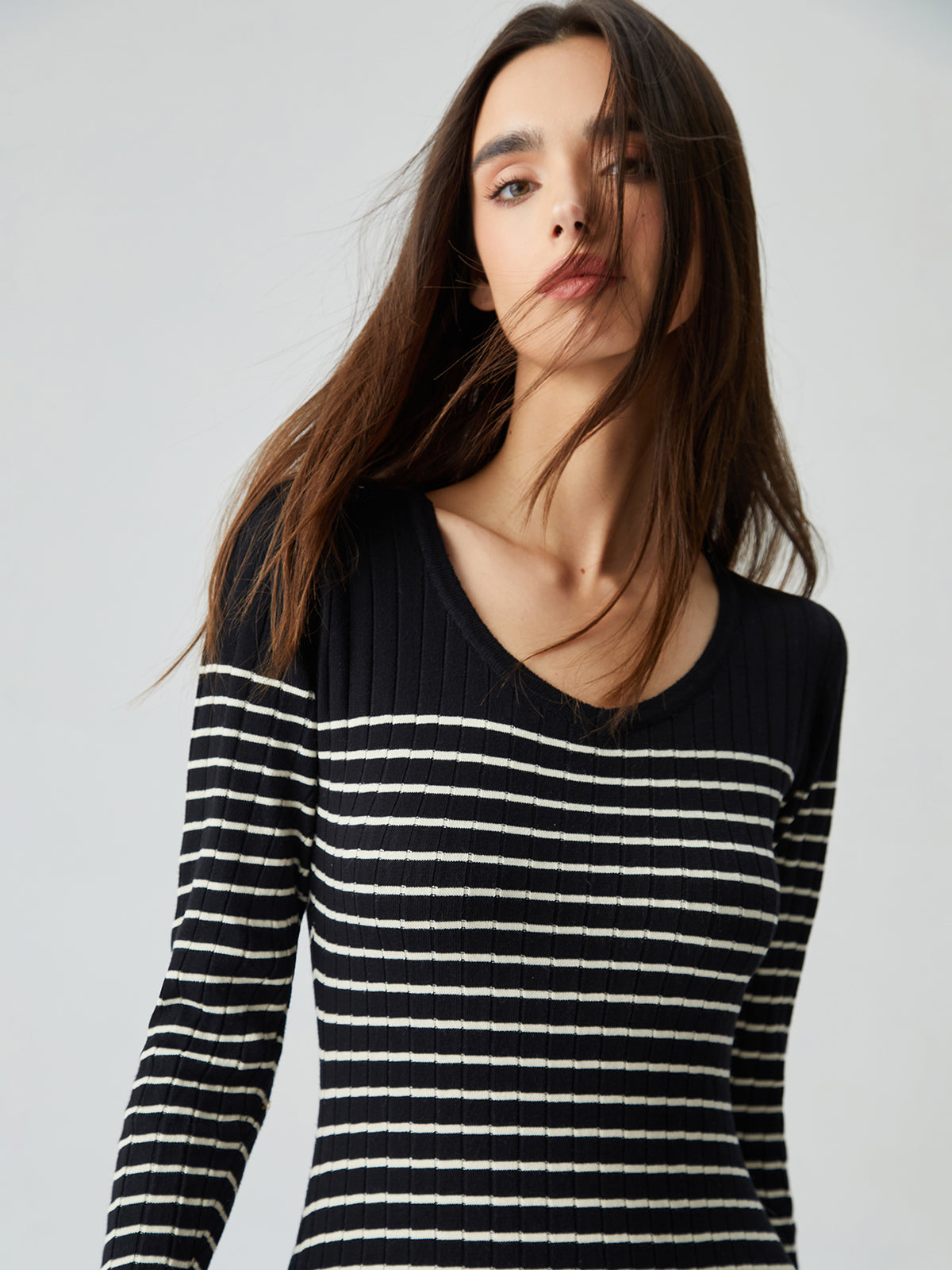 Striped Scoop Neck Long Sleeve Ribbed Knit Bodycon Sweater Dress 4