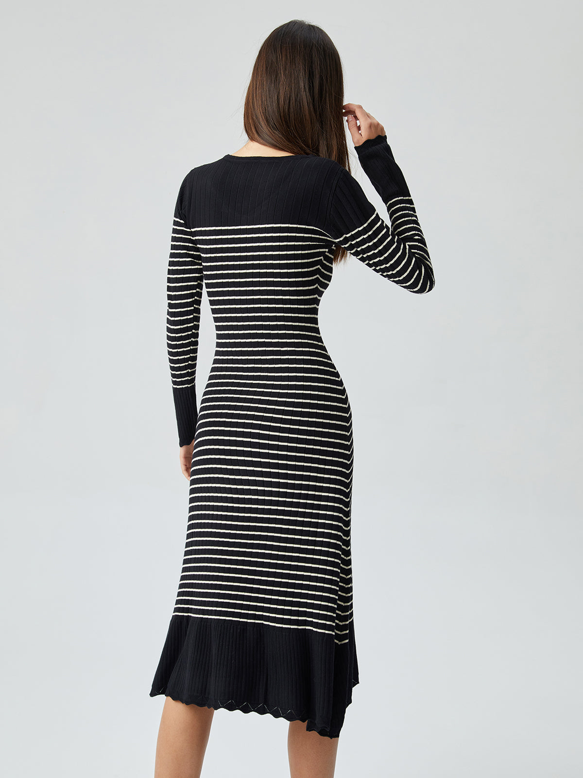 Striped Scoop Neck Long Sleeve Ribbed Knit Bodycon Sweater Dress 5