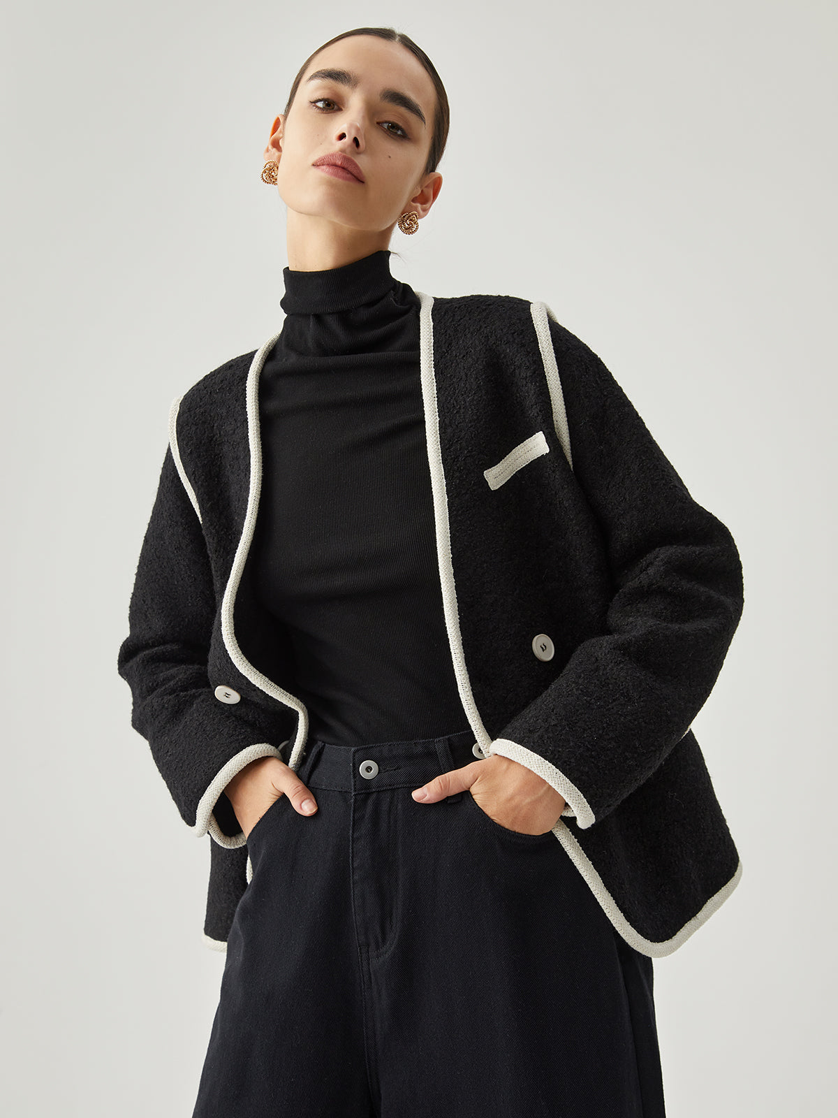 Contrast Trim Collarless Double Breasted Tweed-Look Jacket 3