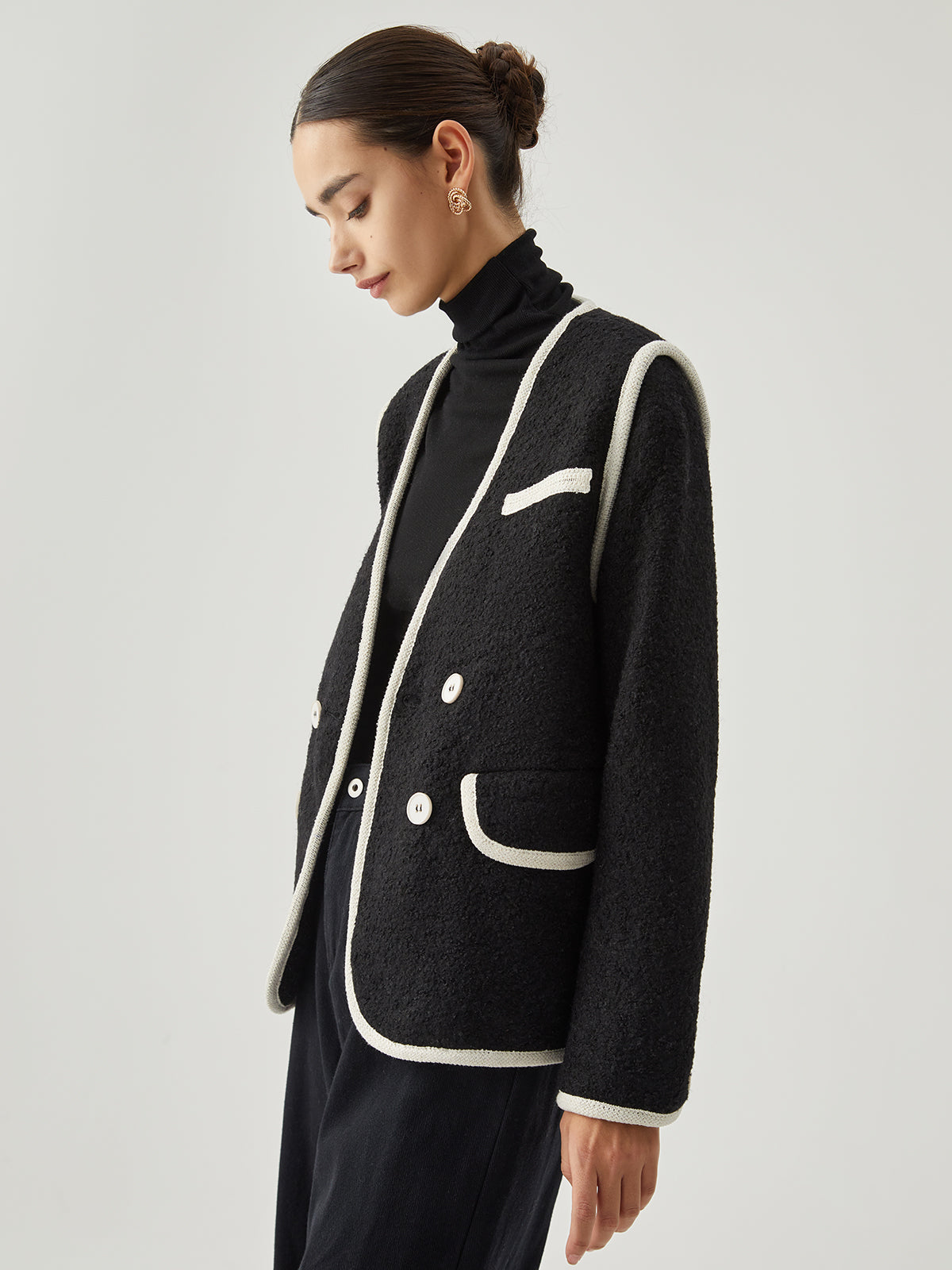 Contrast Trim Collarless Double Breasted Tweed-Look Jacket 4