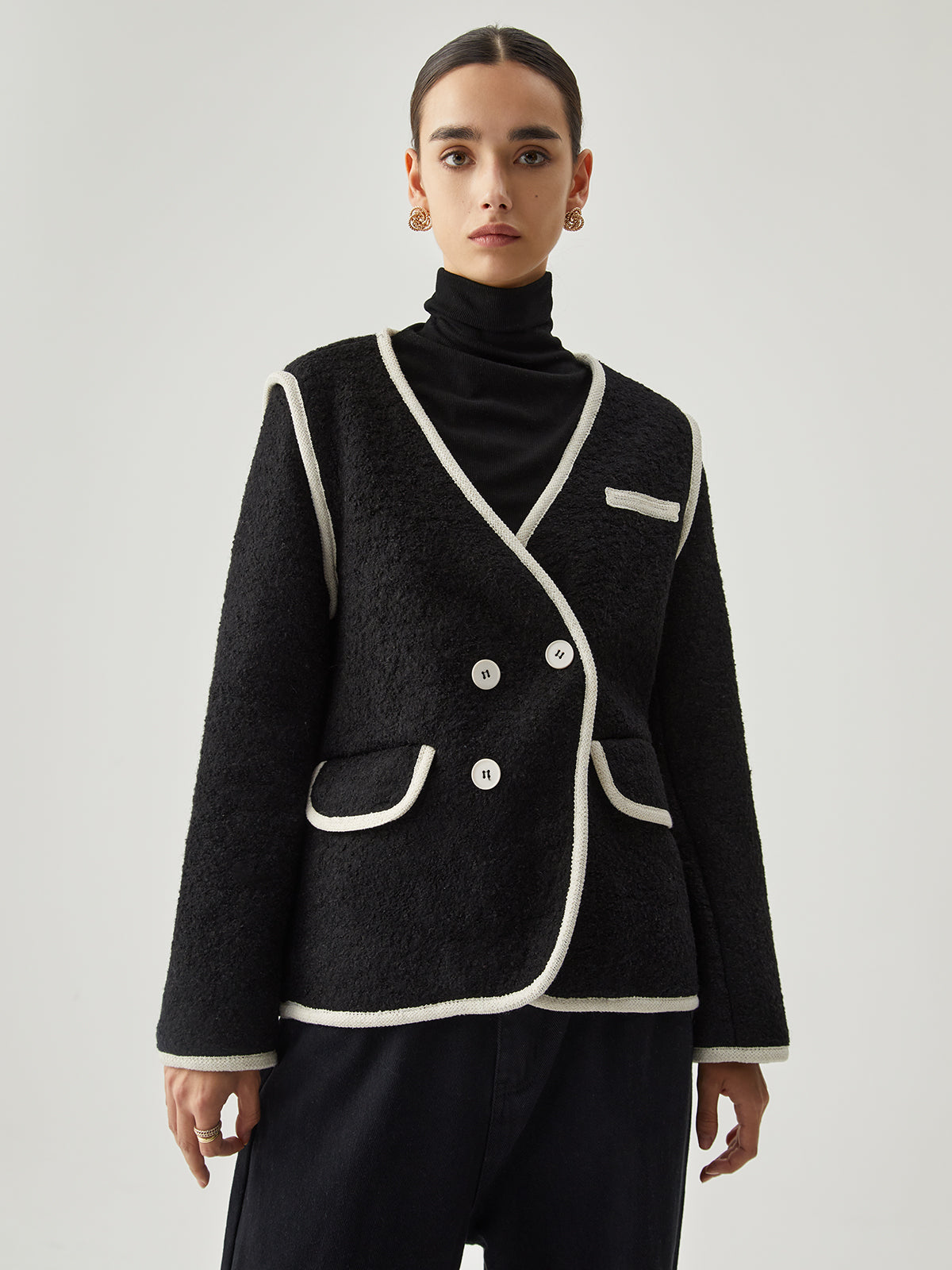 Contrast Trim Collarless Double Breasted Tweed-Look Jacket 2