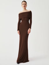 Overfold Off-Shoulder Mesh Long Sleeve Long Dress 10