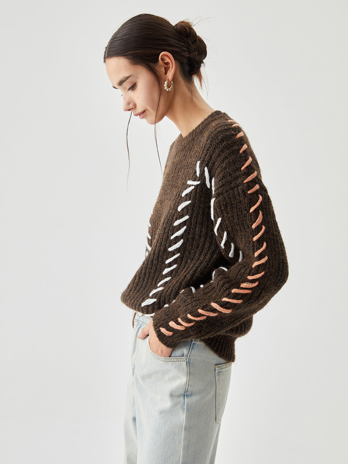 Crew Neck Long Sleeve Contrast Whipstitch Ribbed Knit Sweater 7
