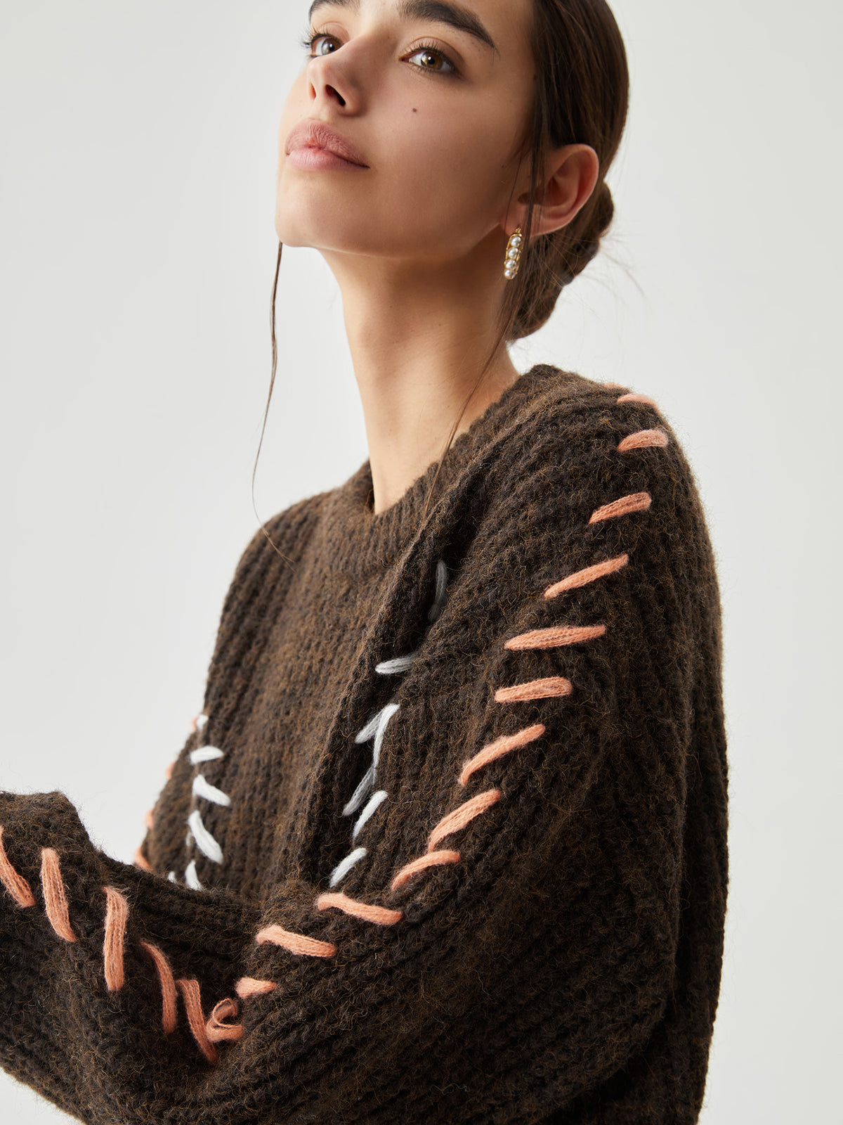 Crew Neck Long Sleeve Contrast Whipstitch Ribbed Knit Sweater 2