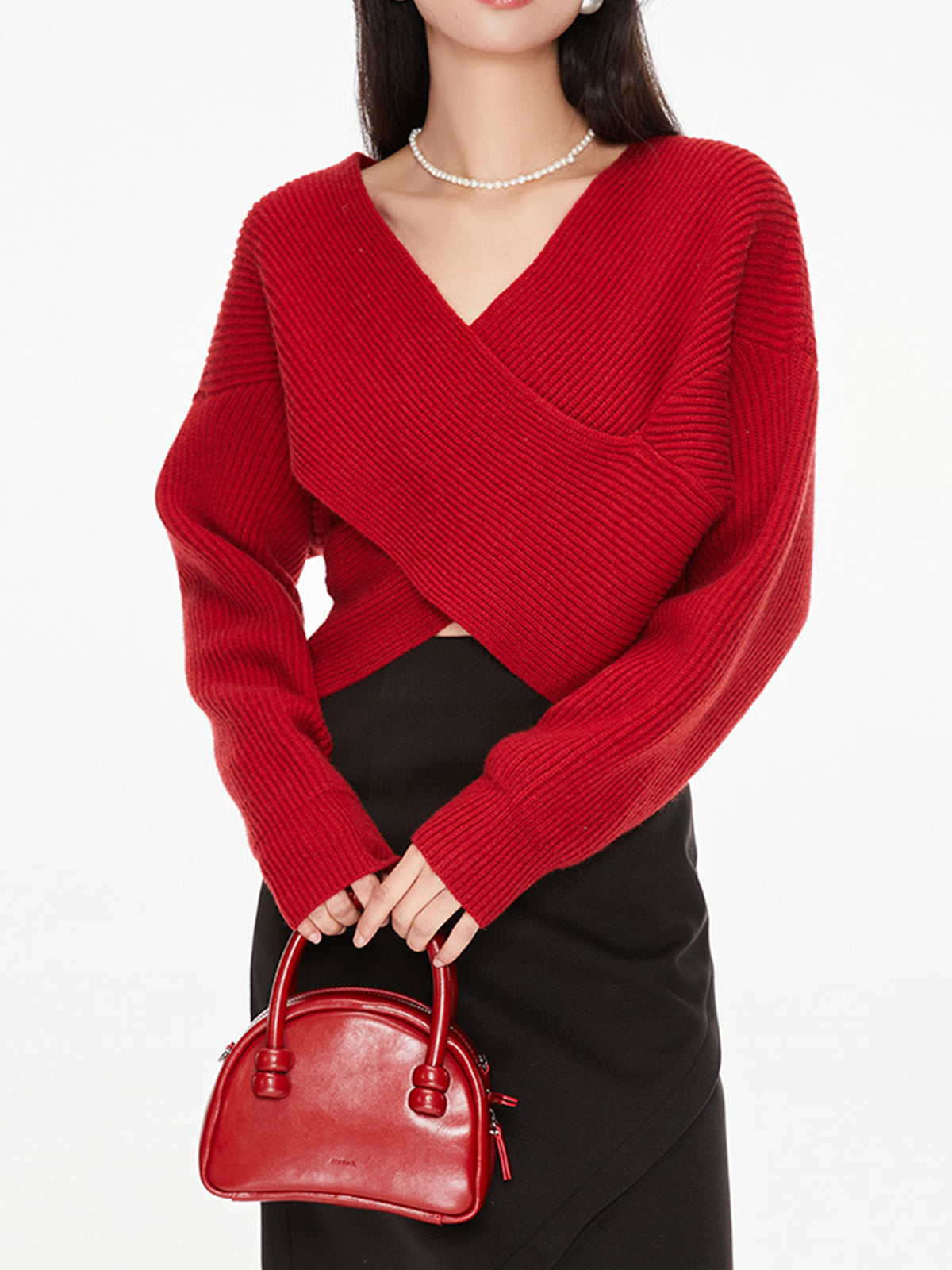 V-Neck Cross Wrap Front Long Sleeve Ribbed Knit Cropped Sweater 9