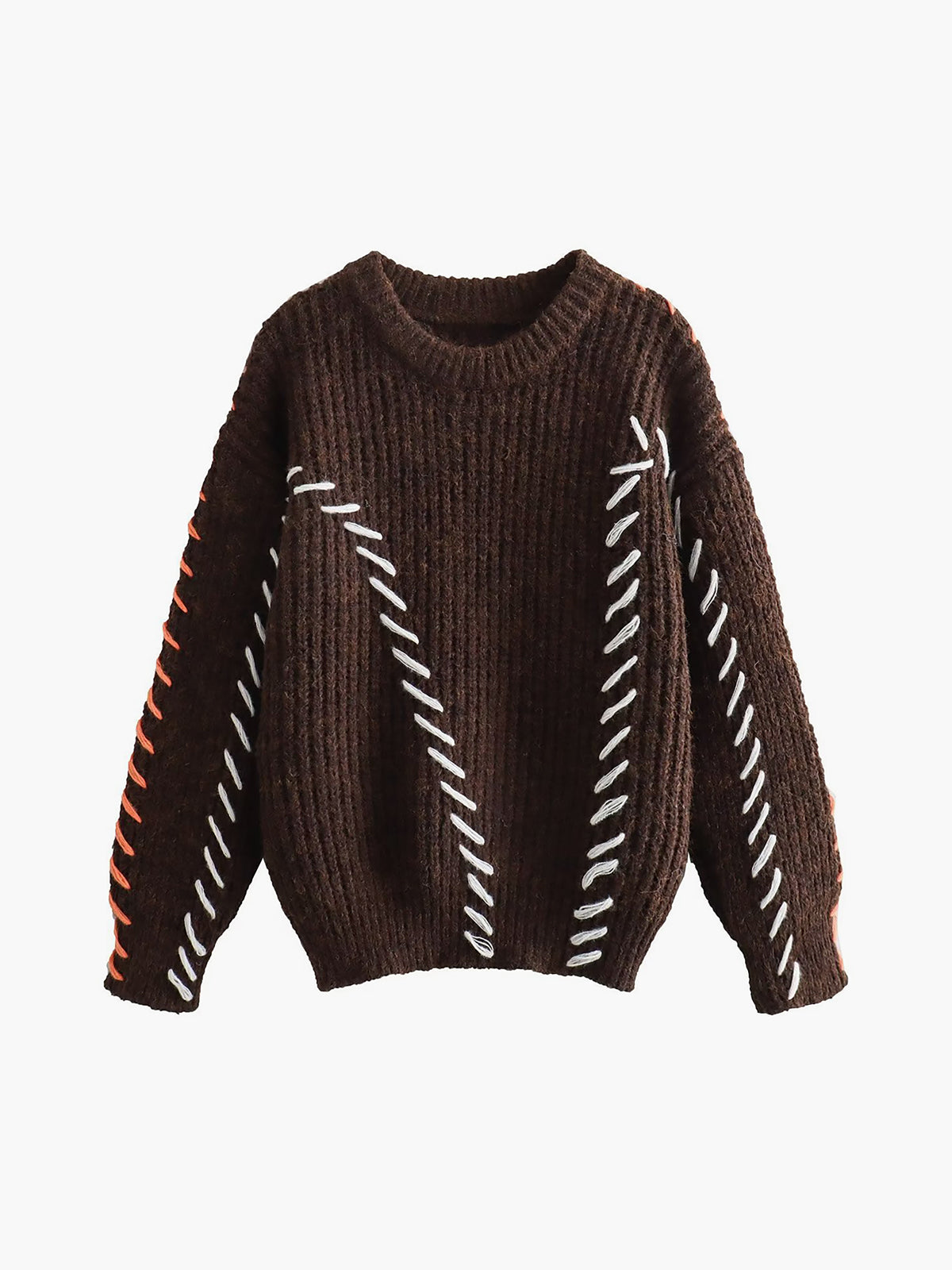 Crew Neck Long Sleeve Contrast Whipstitch Ribbed Knit Sweater 3