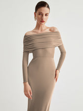 Overfold Off-Shoulder Mesh Long Sleeve Long Dress 16