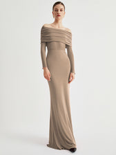 Overfold Off-Shoulder Mesh Long Sleeve Long Dress in Black - View 15