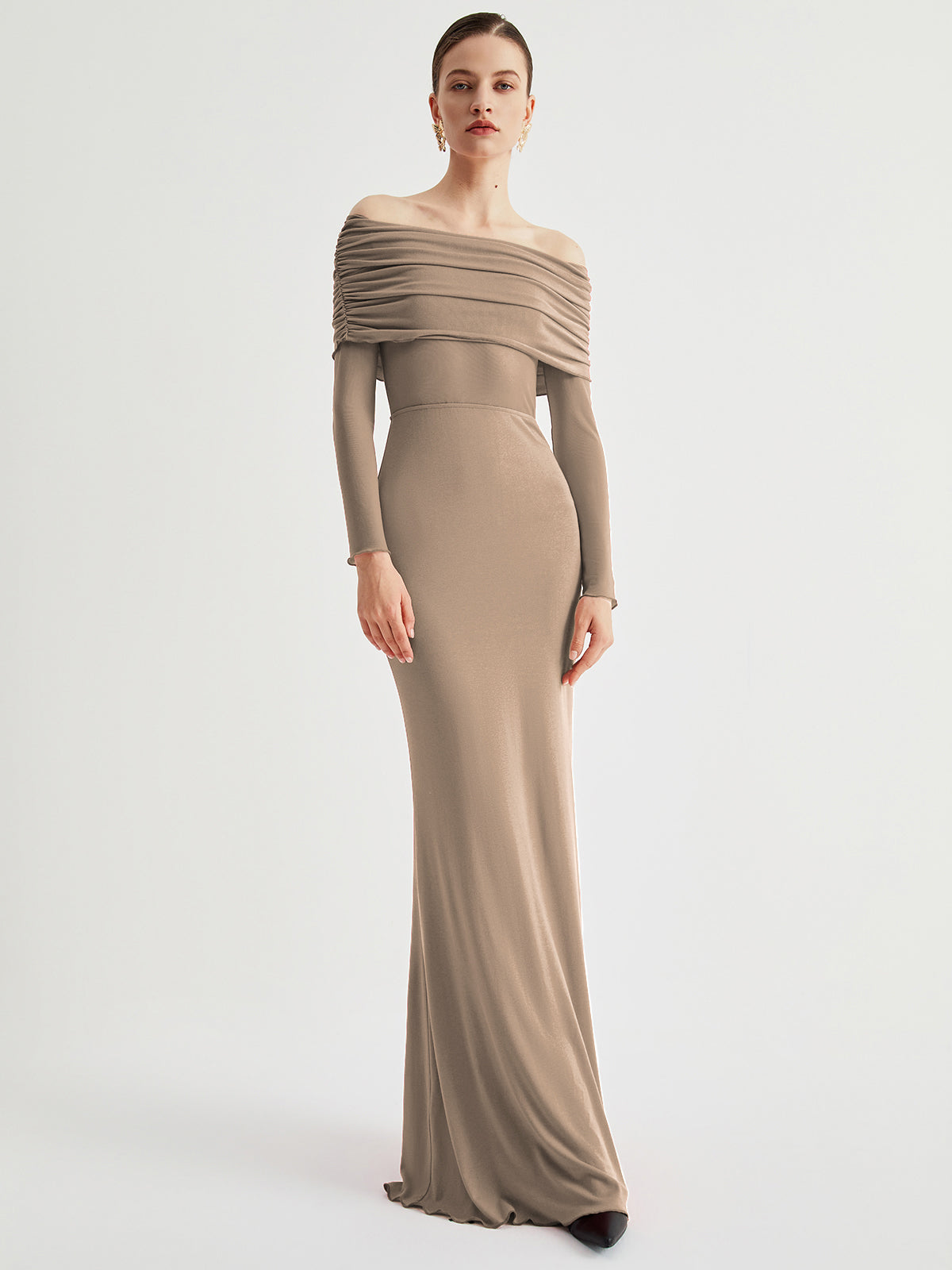 Overfold Off-Shoulder Mesh Long Sleeve Long Dress 15
