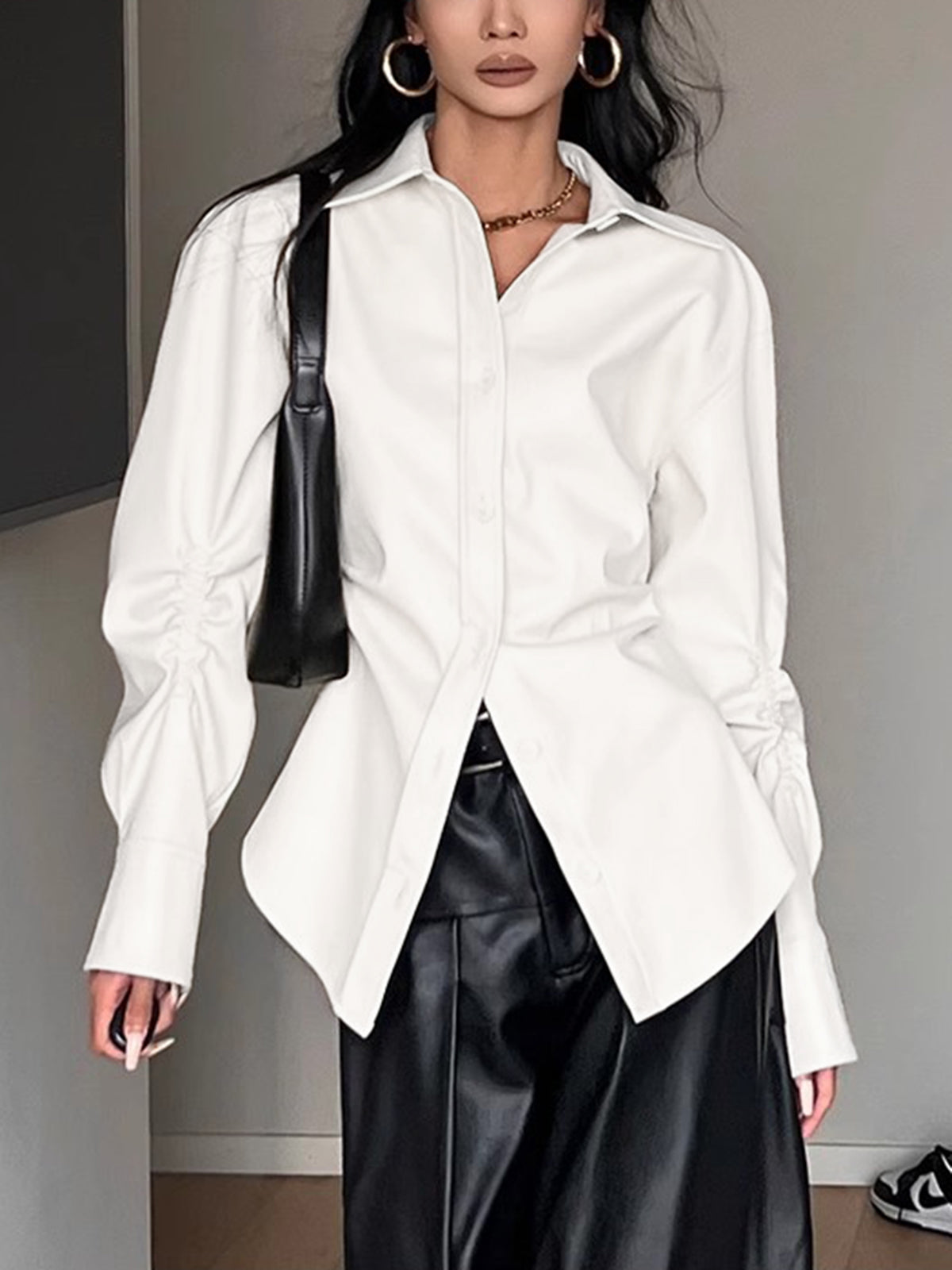 Faux Leather Collared Long Sleeve Oversized Button Down Shirt 3