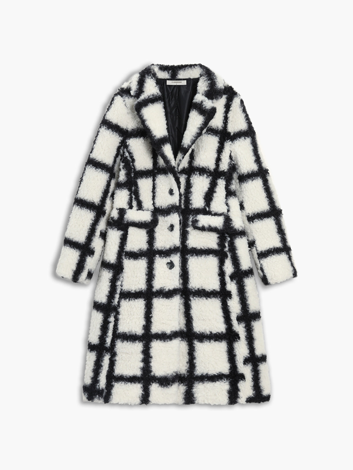 Windowpane Check Faux Shearling Lapel Collar Longline Teddy Coat 4