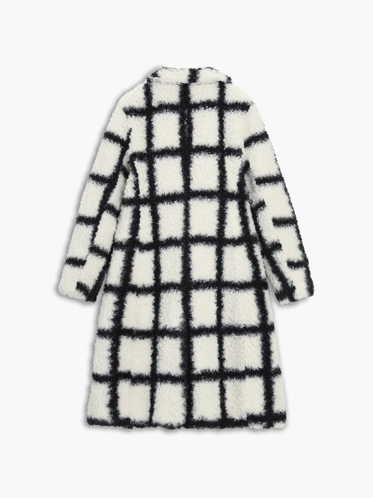 Windowpane Check Faux Shearling Lapel Collar Longline Teddy Coat 5