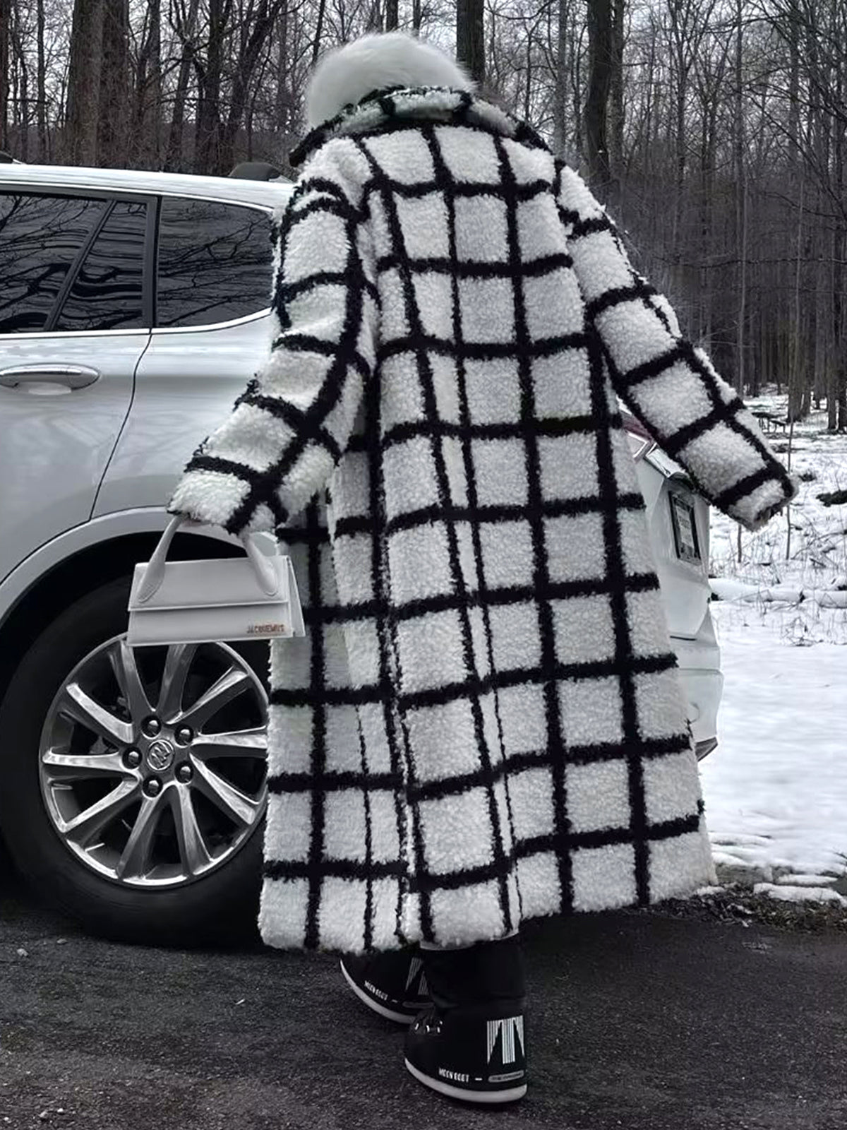 Windowpane Check Faux Shearling Lapel Collar Longline Teddy Coat 3