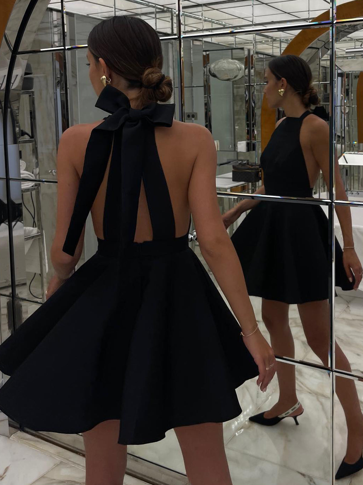 Halter Neck Bow Tie Open Back Pleated Skirt Mini Dress 5