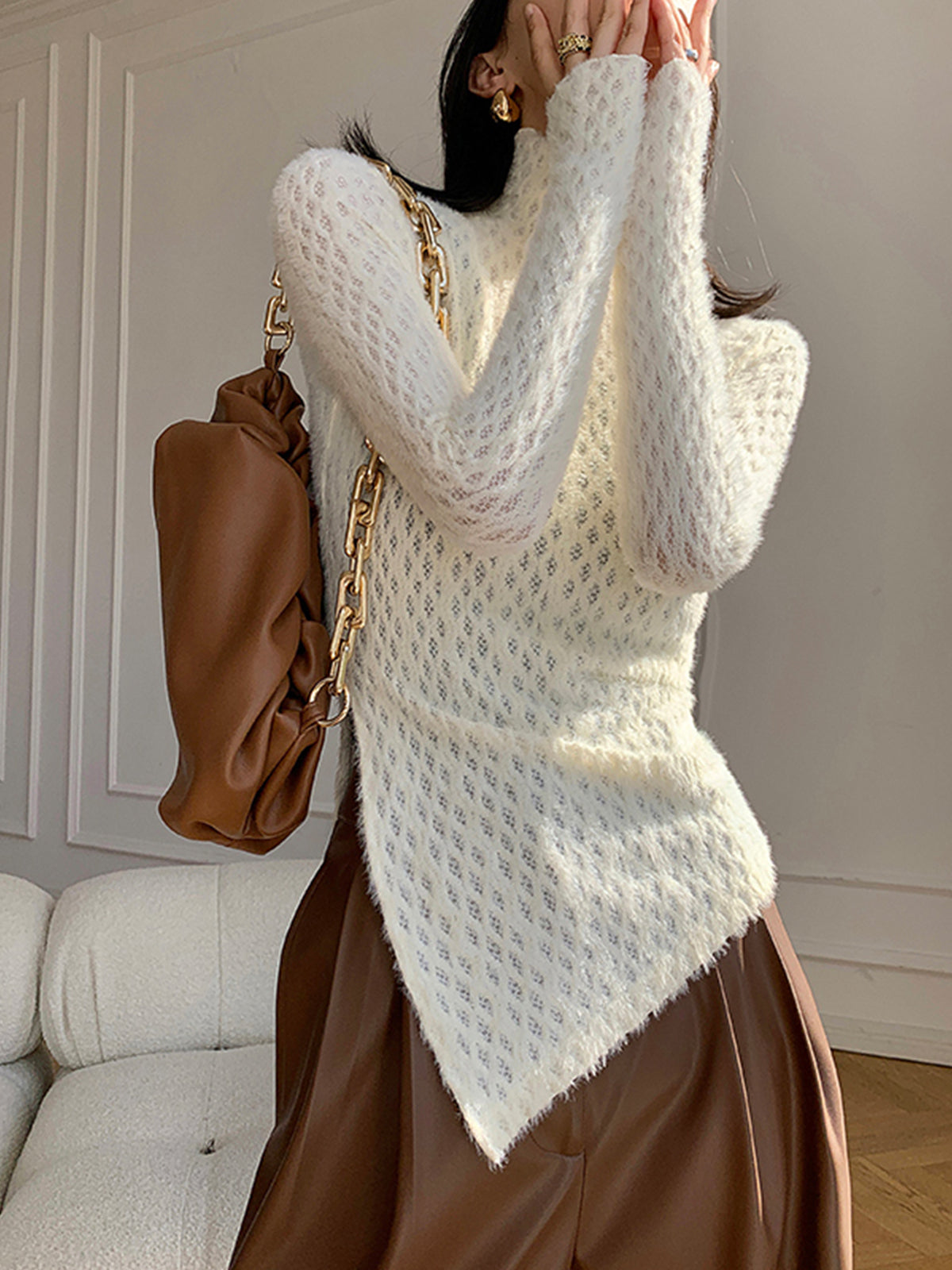 Turtleneck Long Sleeve Asymmetric Hem Fuzzy Pointelle Knit Sweater 4