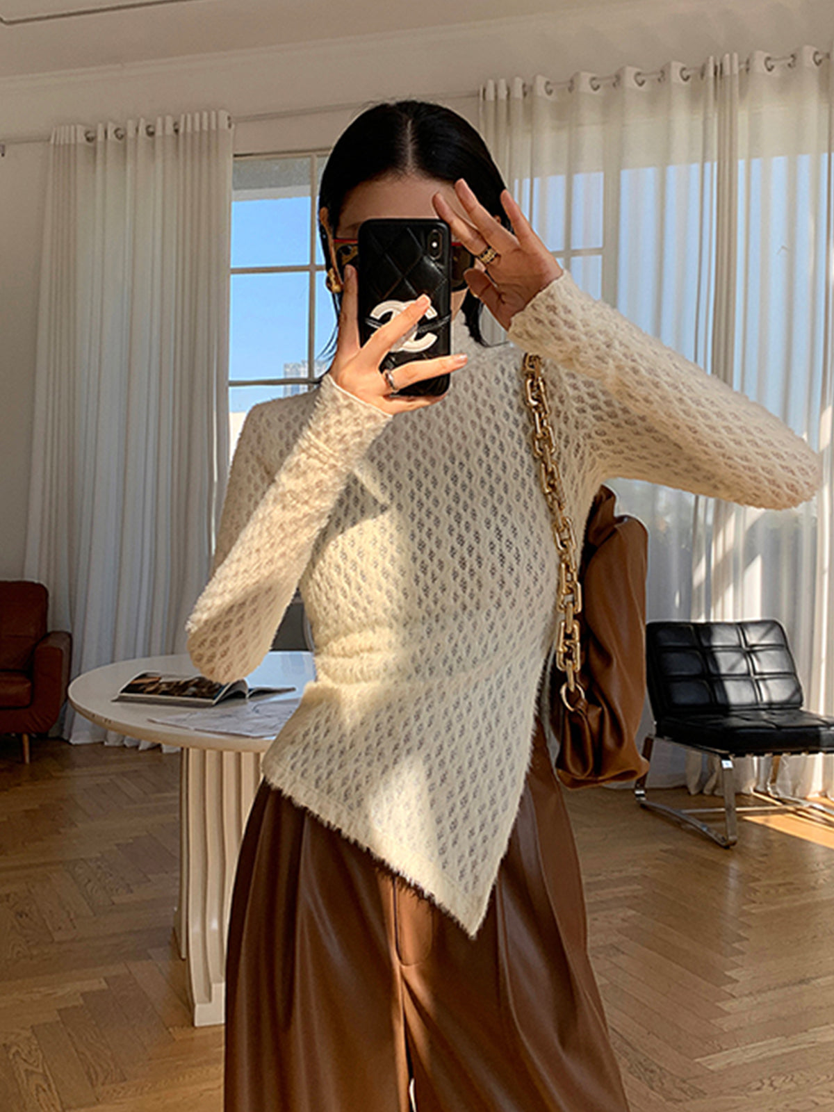 Turtleneck Long Sleeve Asymmetric Hem Fuzzy Pointelle Knit Sweater 3