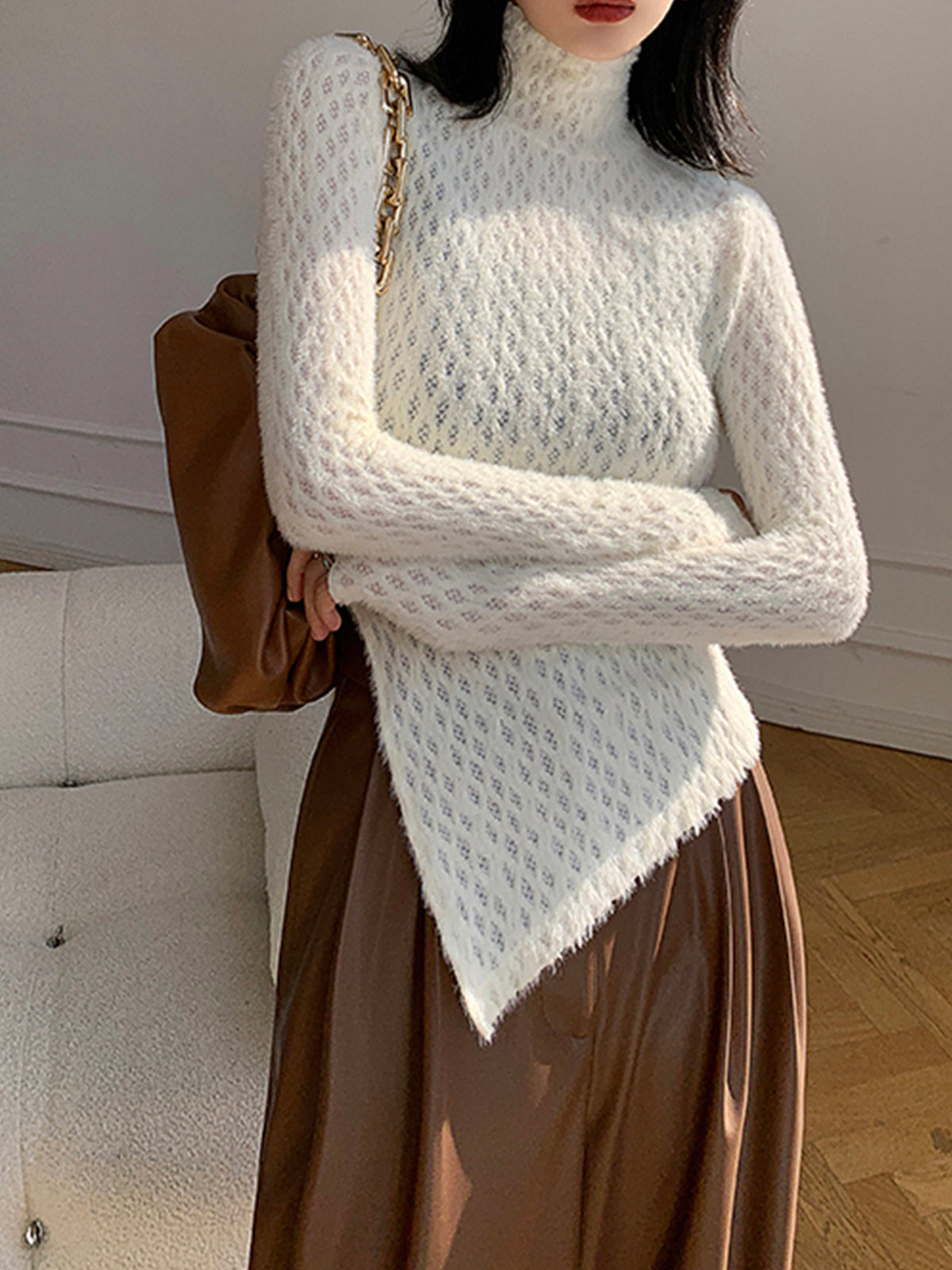 Turtleneck Long Sleeve Asymmetric Hem Fuzzy Pointelle Knit Sweater