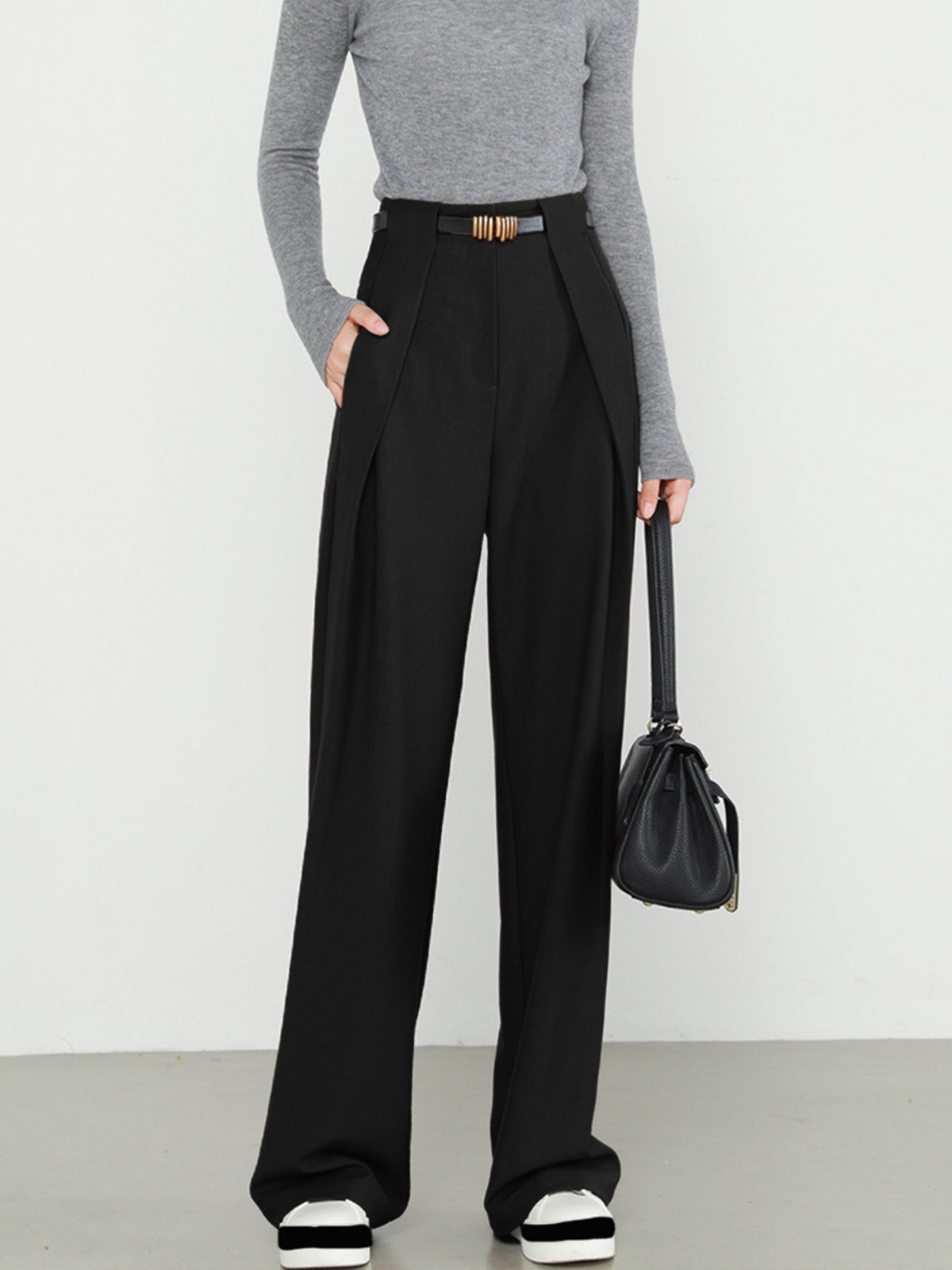 High Waist Pleated Front Belted Wide Leg Trousers 13