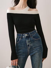Asymmetric Strap Graceful Off-Shoulder Top Black / S Sweaters-L