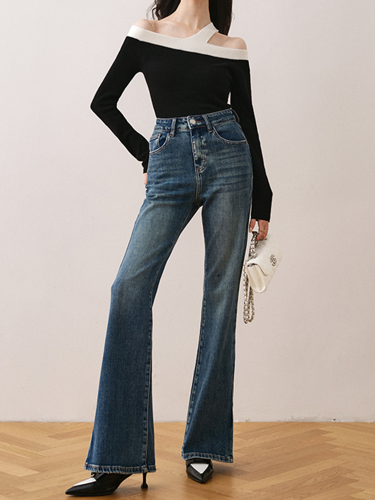 Off Shoulder Asymmetric Strap Contrast Trim Long Sleeve Knit Top 3