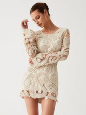 Crochet Paisley Long Trendy Sleeve Short Dress Apricot / Xs Sweaters-L