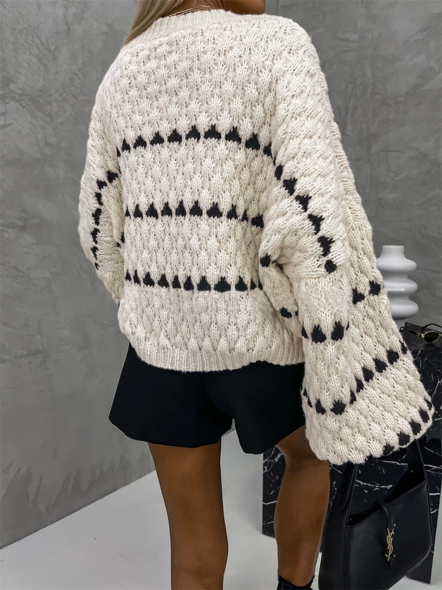 Crew Neck Two-Tone Trendy Decor Sweater