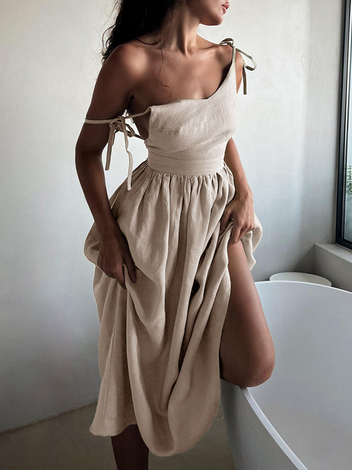 Linen-Look Sleeveless Open Back Gathered Waist Maxi Dress 5