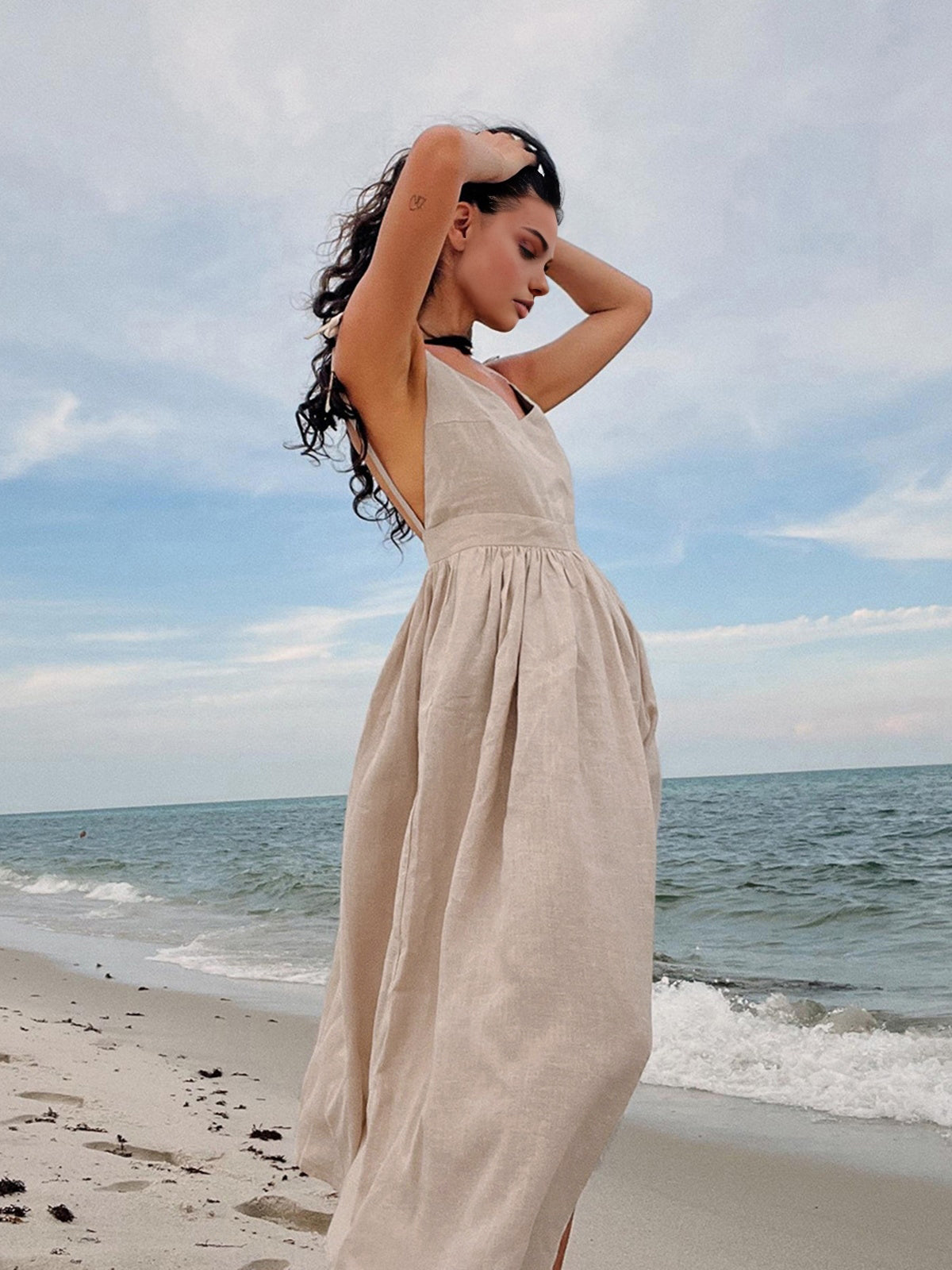 Linen-Look Sleeveless Open Back Gathered Waist Maxi Dress