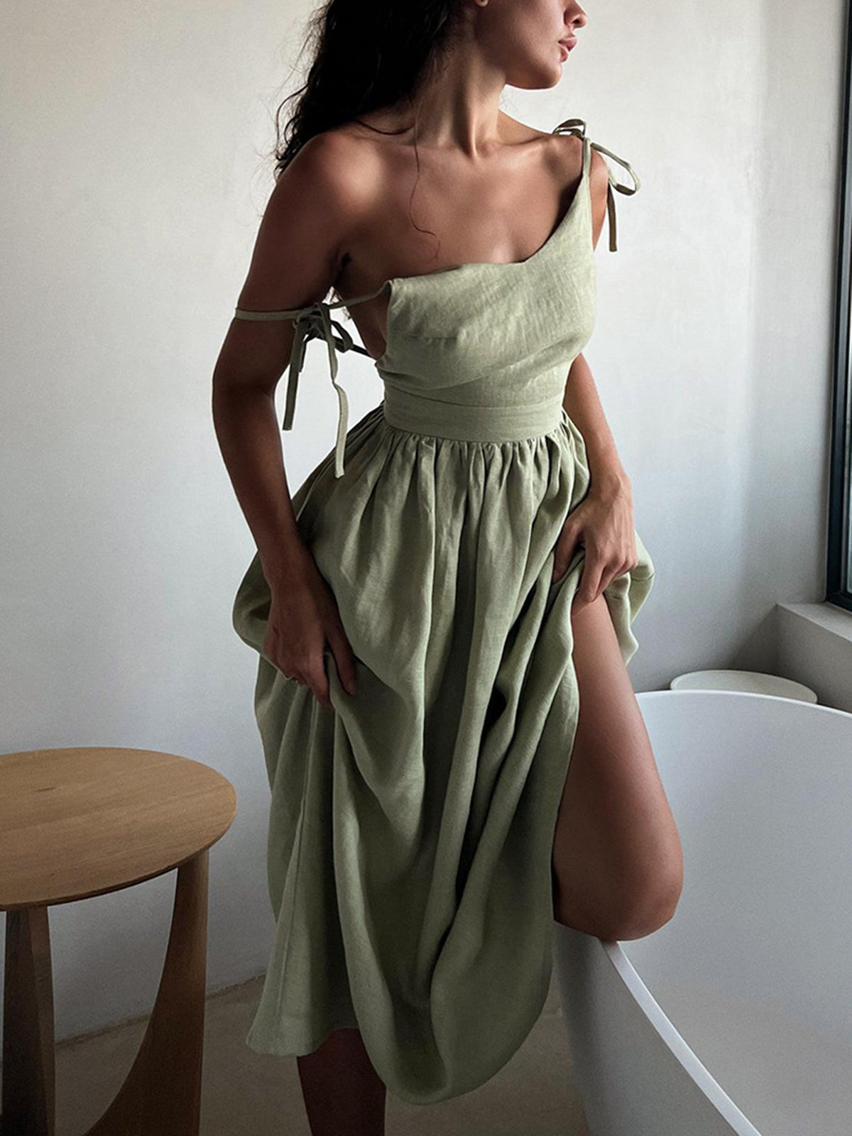 Linen-Look Sleeveless Open Back Gathered Waist Maxi Dress 6