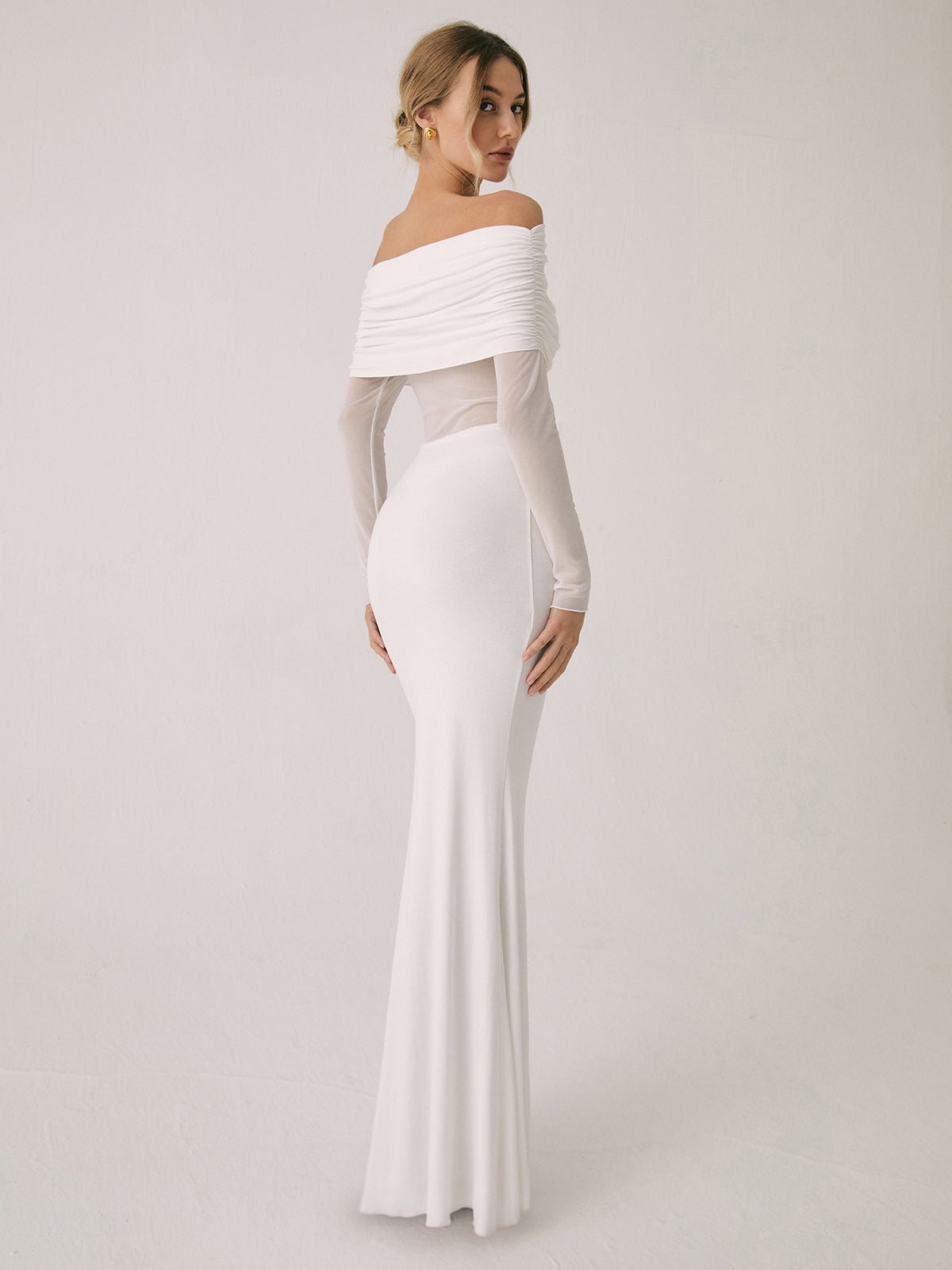 Overfold Off-Shoulder Mesh Long Sleeve Long Dress in Black - View 12