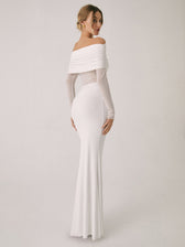 Overfold Off-Shoulder Mesh Long Sleeve Long Dress in Black - View 12