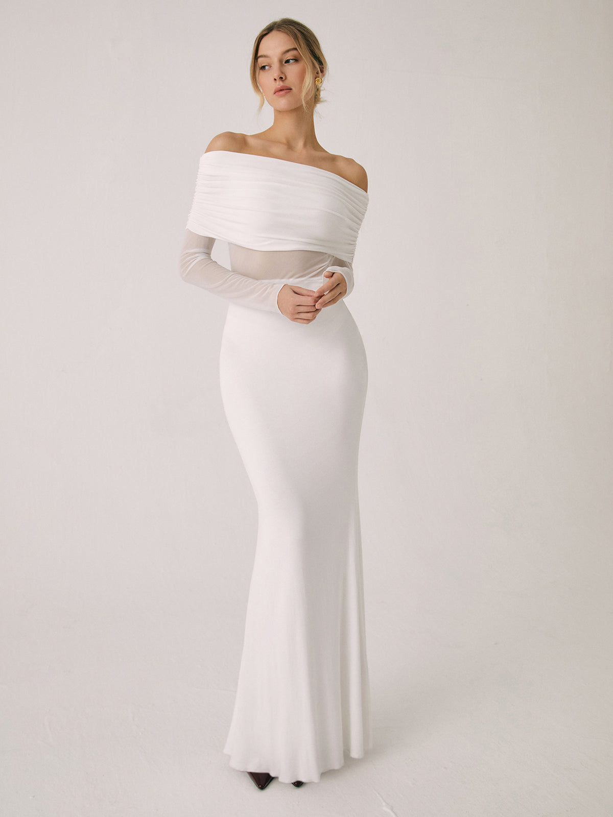 Overfold Off-Shoulder Mesh Long Sleeve Long Dress 11