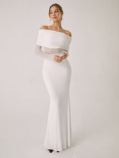 Overfold Off-Shoulder Mesh Long Sleeve Long Dress 11