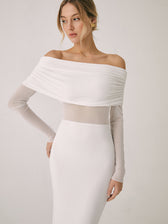 Overfold Off-Shoulder Mesh Long Sleeve Long Dress 13