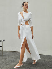 Cut Out Ruched Trendy Split Knit Maxi Dress White / Xs Dresses
