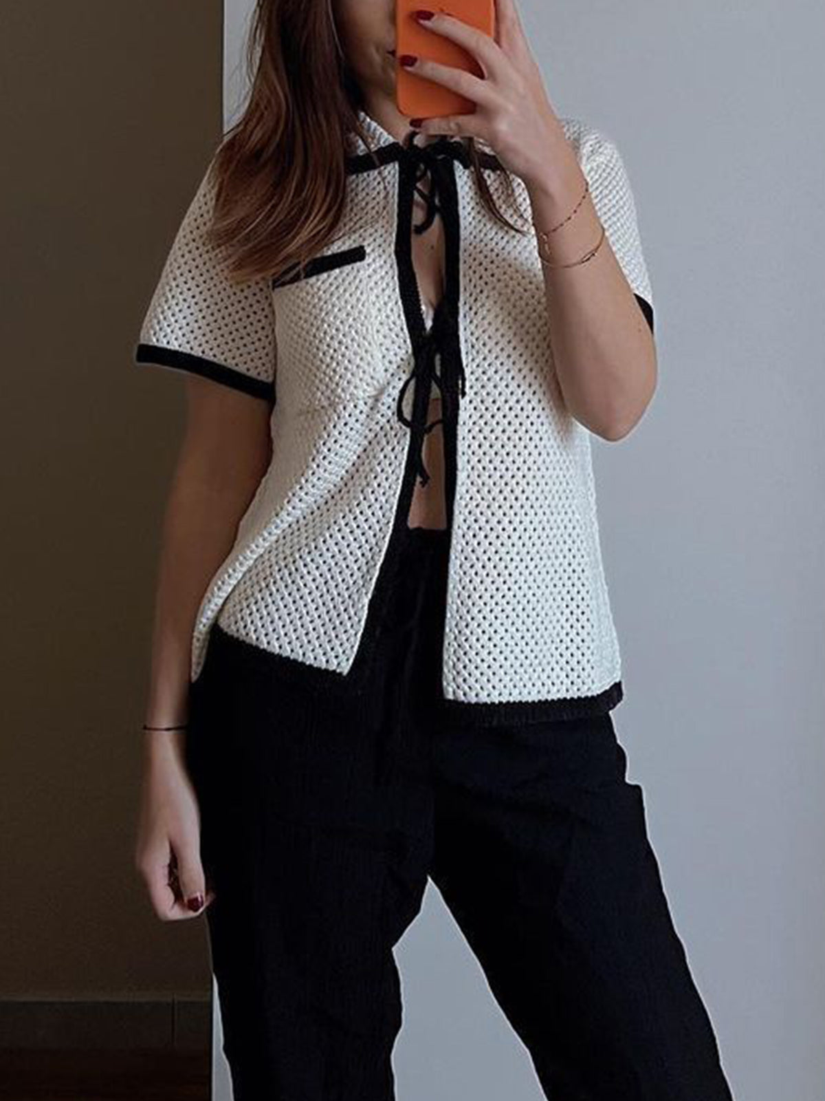 Open Knit Contrast Trim Short Sleeve Tie Front Cardigan