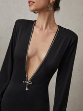 Rhinestone Bow Decorated V-Neck Short Dress - View 5