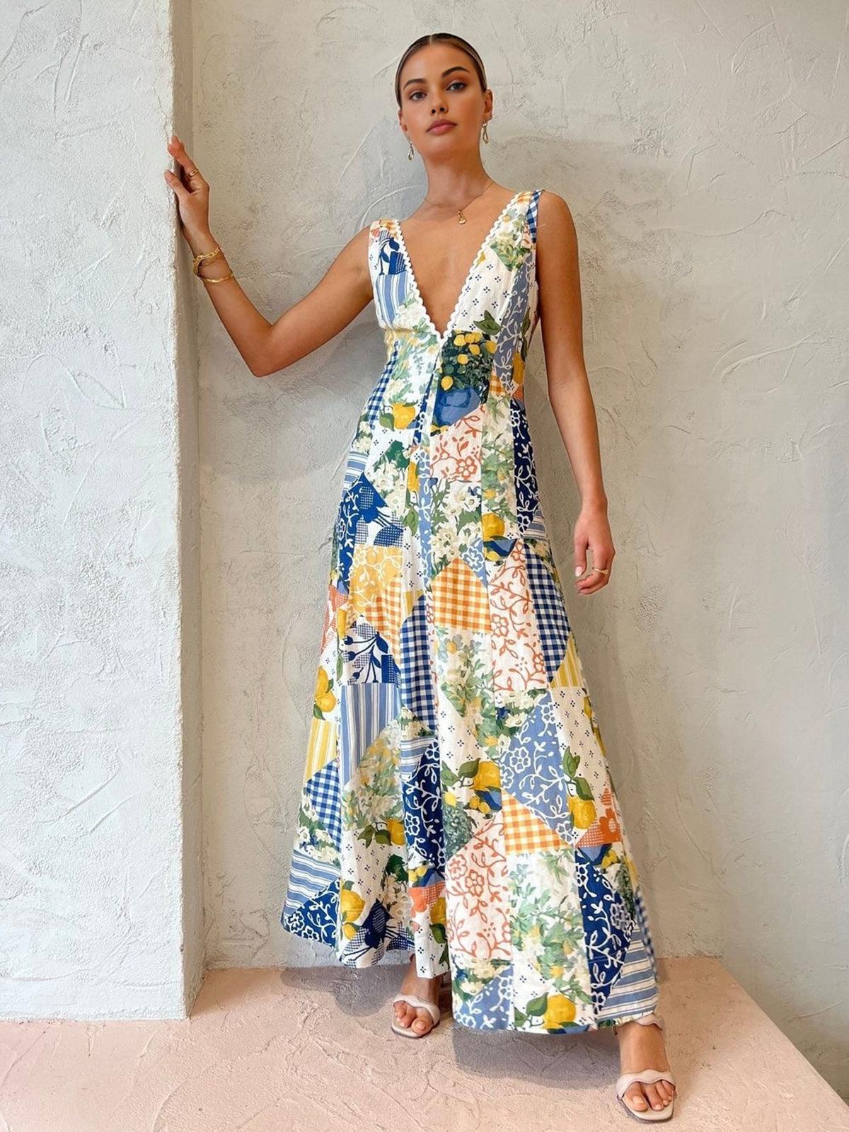 Lemonade Print Lace Trim Long Dress Multicolor