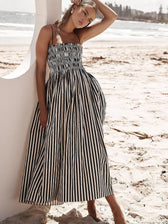 Striped Smocked Spaghetti Strap A-Line Maxi Dress
