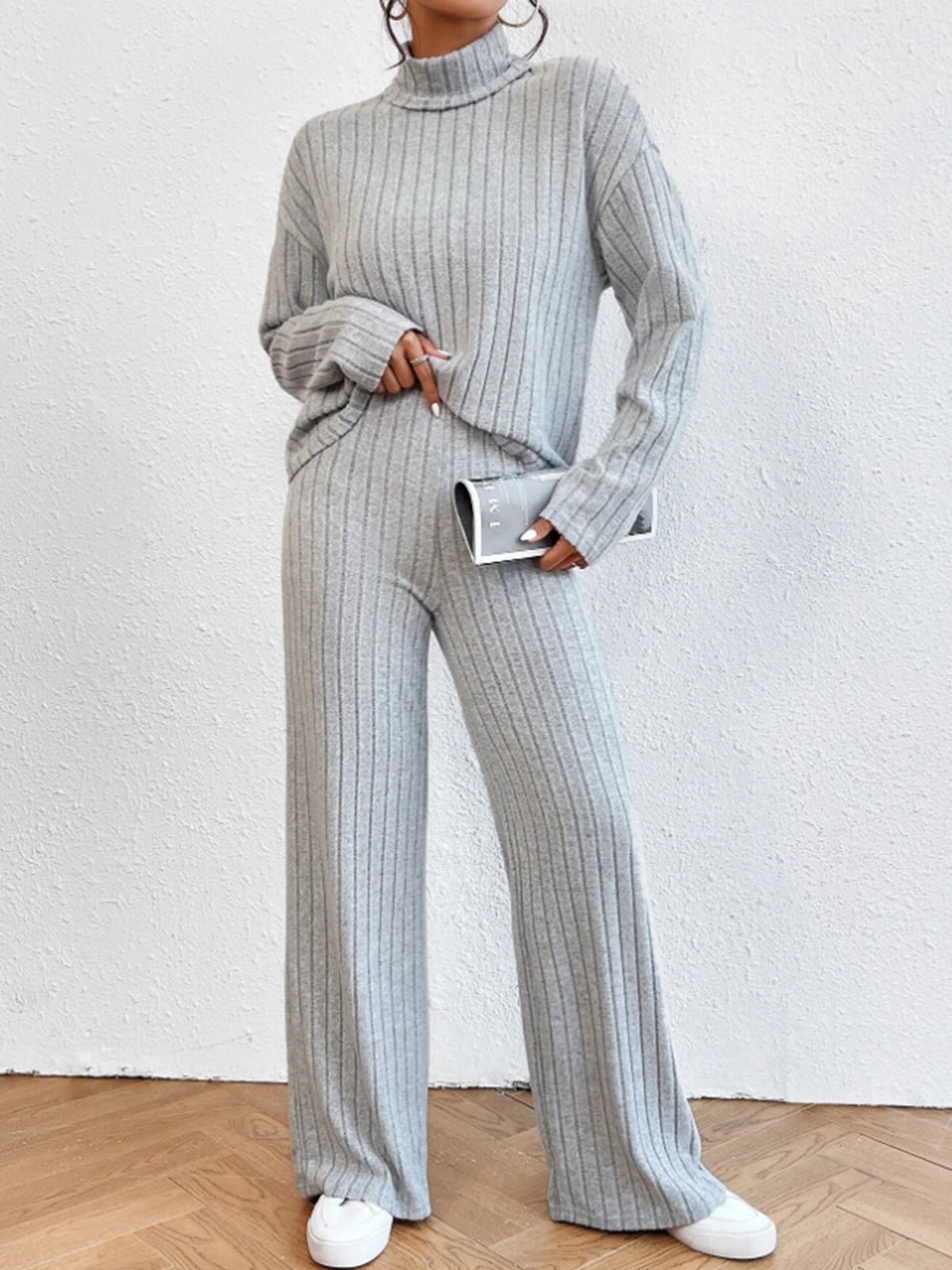 Mock Neck Long Sleeve Ribbed Knit Top and Wide Leg Pants Two Piece Set 2