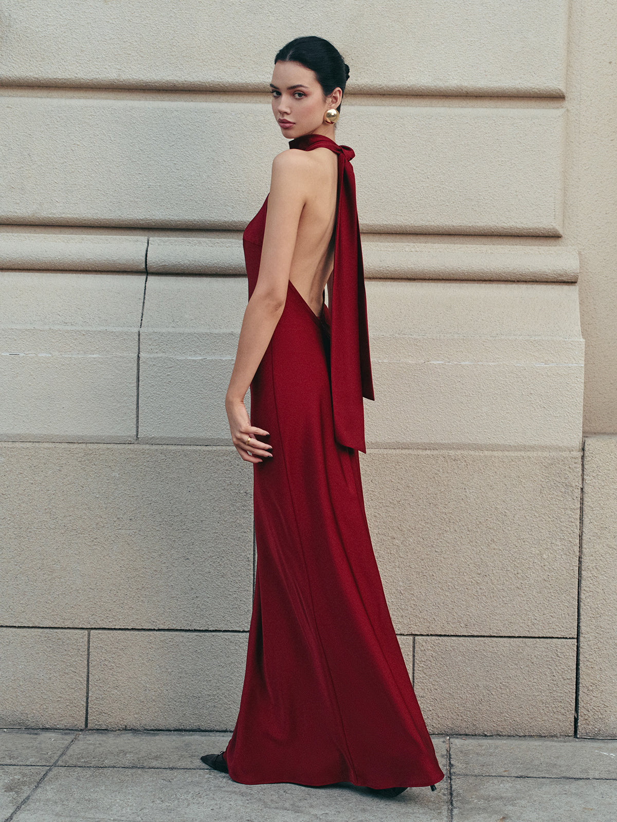 Satin Halter Neck Tie Back Scarf Open Back Maxi Dress